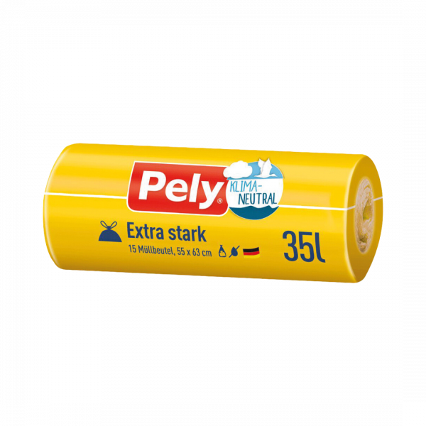 Pely Müllbeutel 35 Liter Klima-Neutral, mit Zugband, extra stark, gelb/blau bedruckt, 55 x 63 cm, PELY Qualitätsfolie, 15 Stück